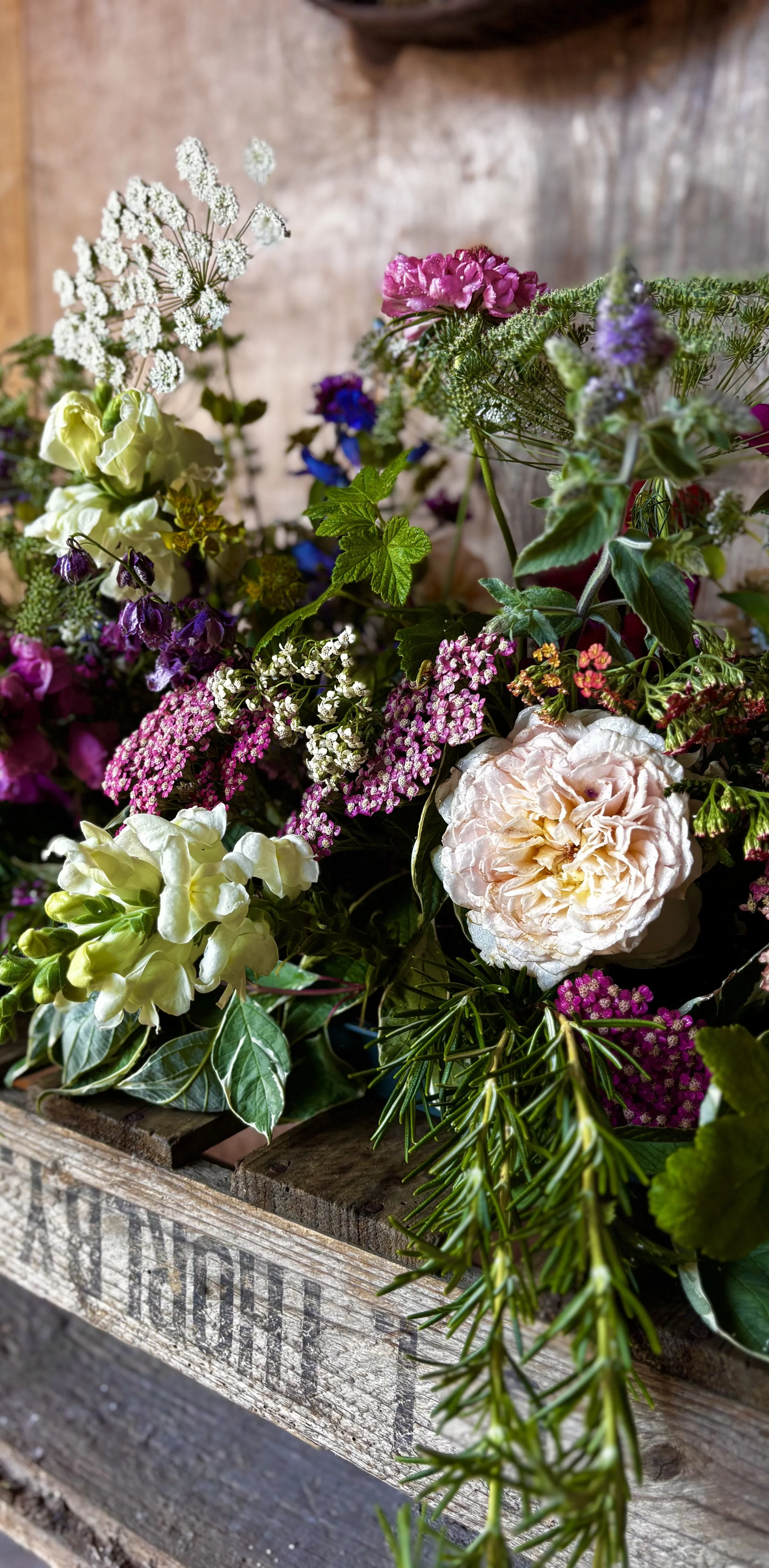 Fresh flowers arranged into a coffin spray including pink roses and snap dragons