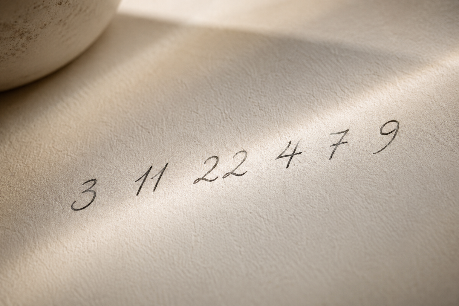 Nahaufnahme einer handgeschriebenen Zahlenreihe auf hellbeigem Papier, mit Licht- und Schatteneffekten.