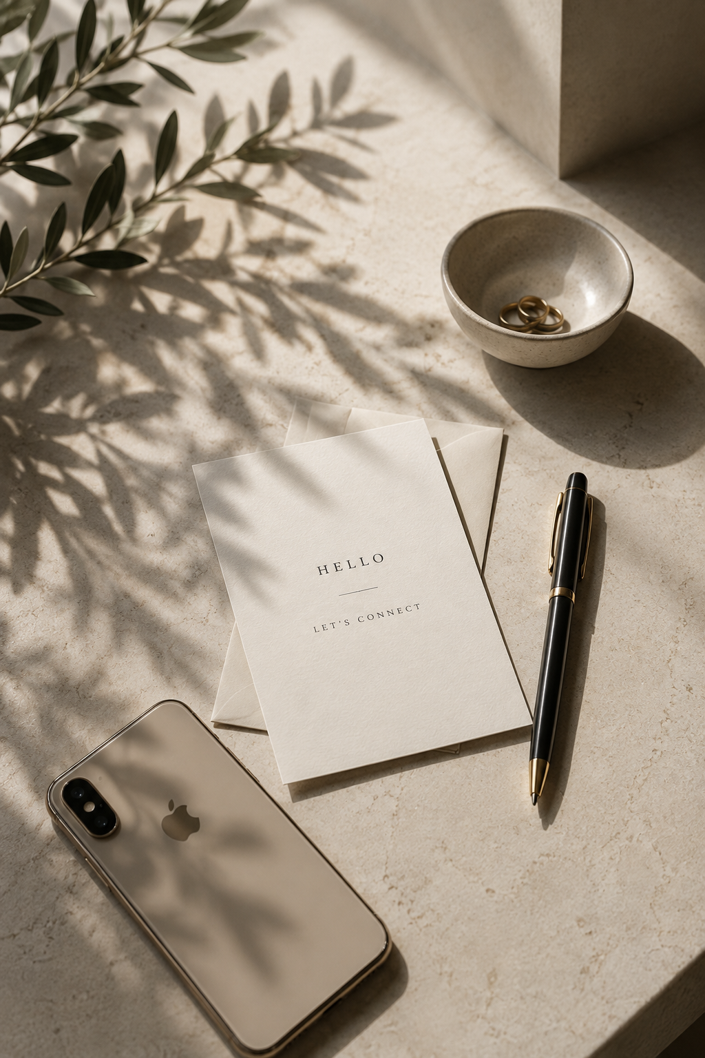 Ein Schreibtisch mit einem Foto, einer Tasse mit Goldringen, einem Kugelschreiber, einem Smartphone, einem Brief mit der Aufschrift "HELLO, LET'S CONNECT" und einem grünen Zweig, im Sonnenlicht mit Schatten.