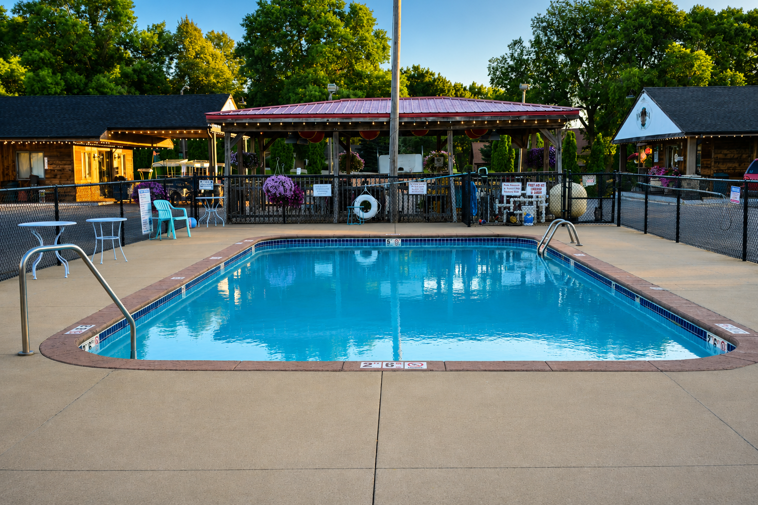 Outdoor swimming pool at Vintage Block Inn & Suites in Okoboji, Iowa, featuring crystal-clear water, a spacious pool deck, patio seating, and a covered pavilion surrounded by guest accommodations.