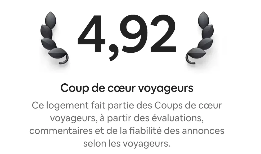 Une note de 4,92 affichée en grand, entourée de rameaux noirs, avec un titre "Coup de cœur voyageurs" et un paragraphe expliquant que ce logement fait partie des recommandations des voyageurs selon leurs évaluations, commentaires et fiabilité des annonces.
