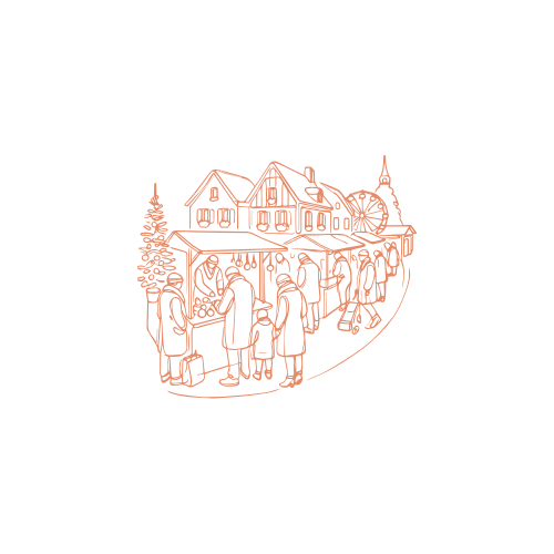 Dessin d'une scène de marché de Noël avec des personnes achetant des produits, des stands, un sapin de Noël, et une grande maison en arrière-plan.