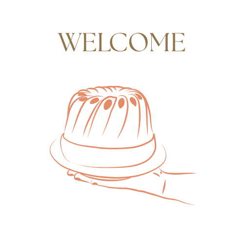 Illustration d'un plateau avec un gâteau au centre et le mot 'WELCOME' en haut.