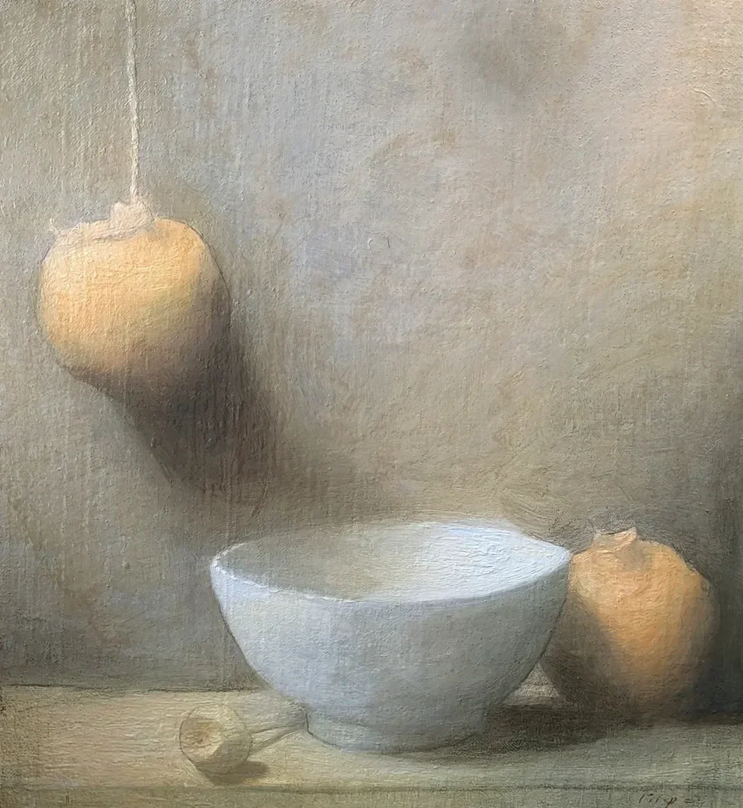 Still Life with Pomegranate and a Porcelain Bowl, Oil on panel. 2026. 🔴
