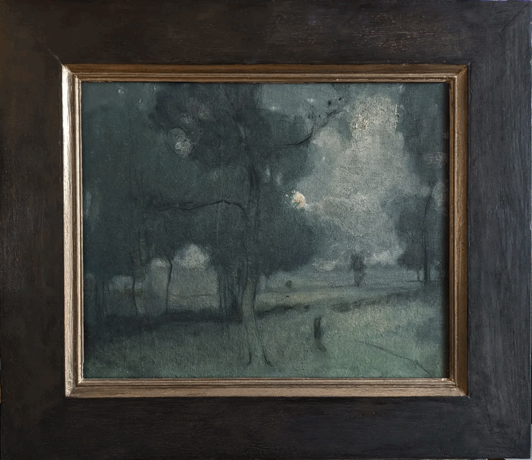 Going home, 25.5 x 31.5 cm oil on panel. Solid blue-grey oak frame