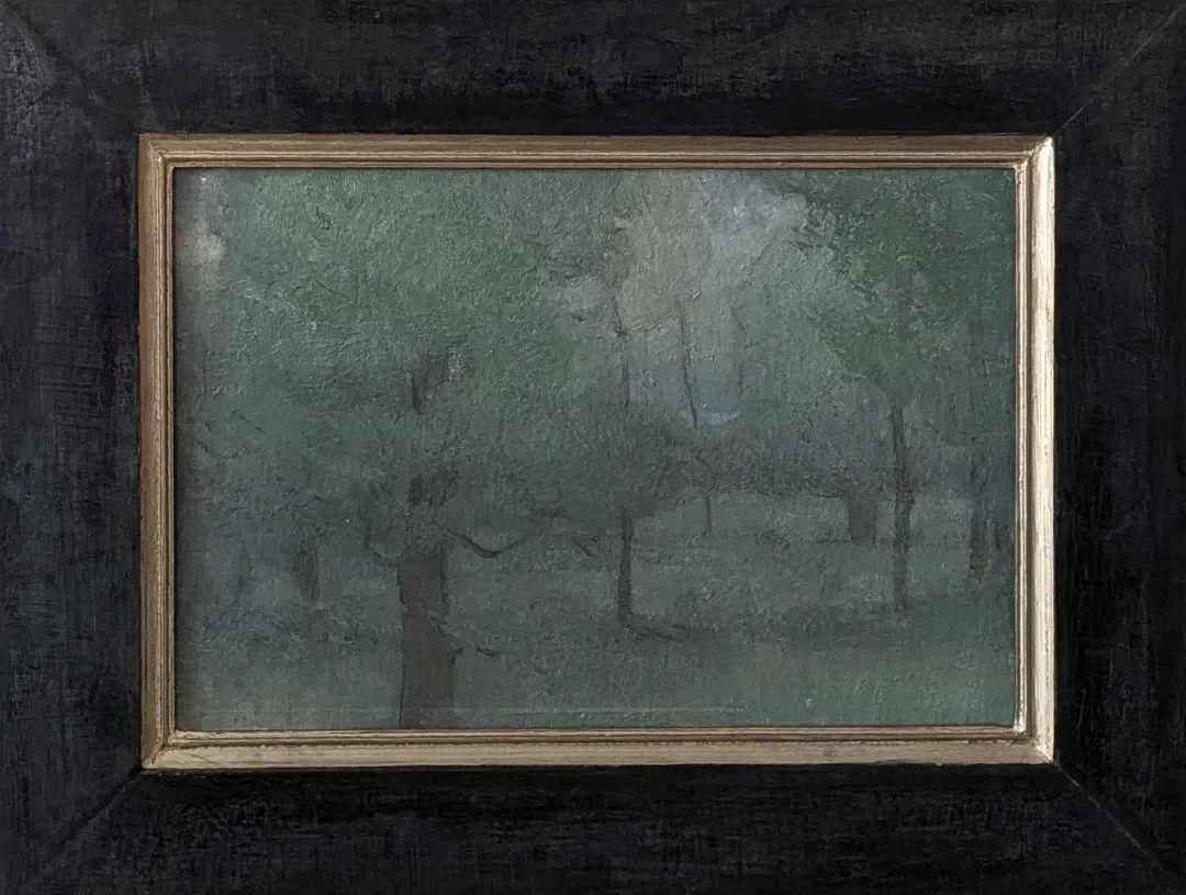 Framed 'Chestnut trees in Moonlight ' 23 x 34 cm. Oil on gessoed panel. Solid oak frame