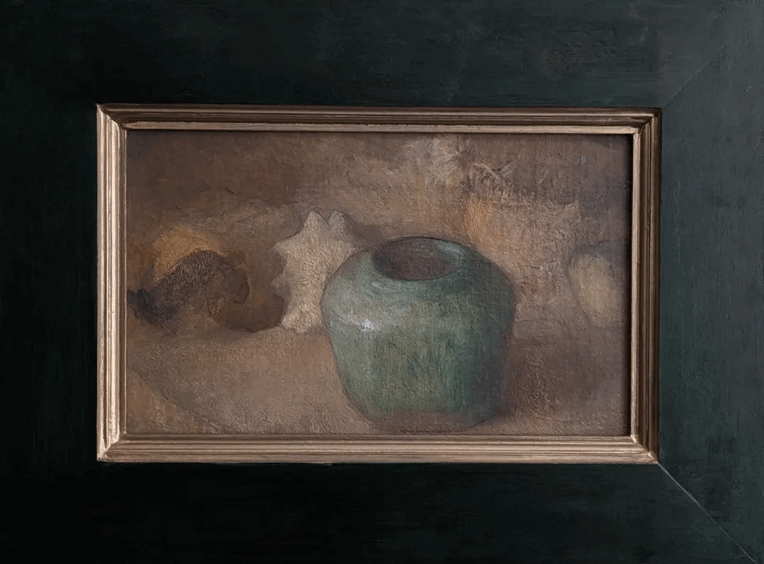 Gingerjar with gourds and fox pelt'
20.5 x 32.5 cm. Oil on panel.
Solid green walnut frame🔴
