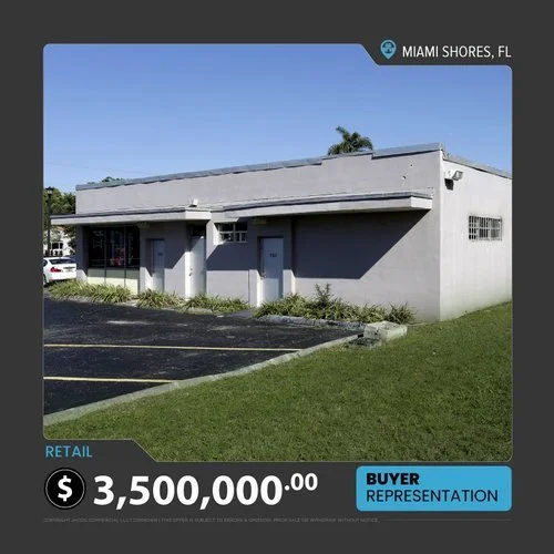 Commercial building for sale in Miami Shores, FL listed at $3,500,000, with buyer representation indicated, featuring a retail space and a parking area.