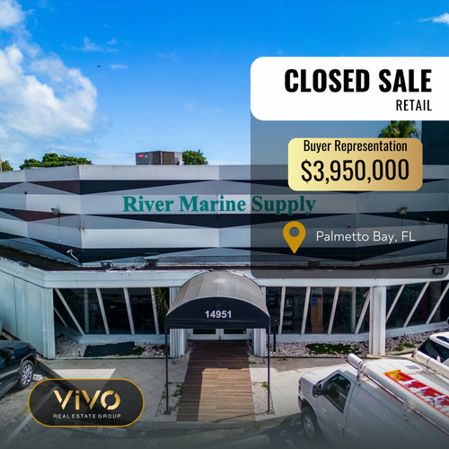 Exterior view of River Marine Supply building in Palmetto Bay, FL, marked "Closed Sale Retail" with a sale price of $3,950,000. Features a Vivo Real Estate Group logo.