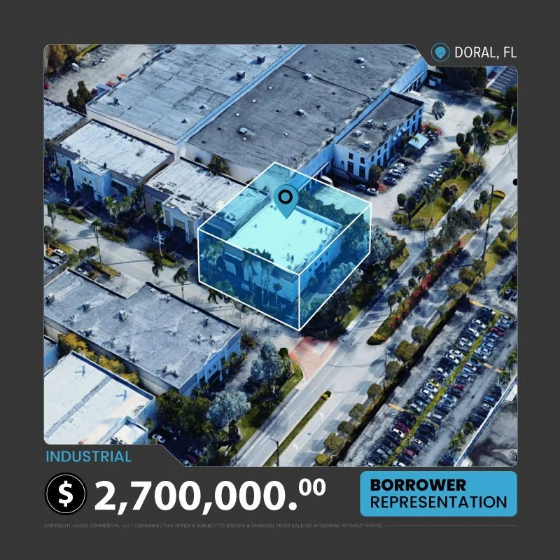 Aerial view of a commercial industrial building highlighted with a blue overlay, located in Doral, FL. The price shown is $2,700,000, marked for borrower representation.