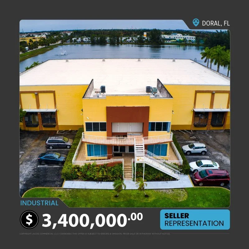 Aerial view of an industrial building with a yellow exterior, located by a waterfront in Doral, Florida. The price is listed as $3,400,000, with seller representation indicated.