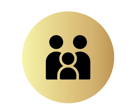 Illustration of a family icon on a gold gradient circle background.