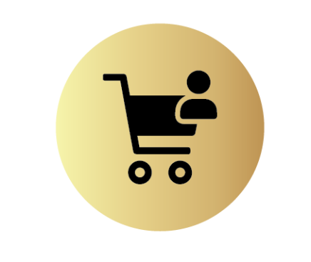 Shopping cart icon with person silhouette inside on a gold gradient background.