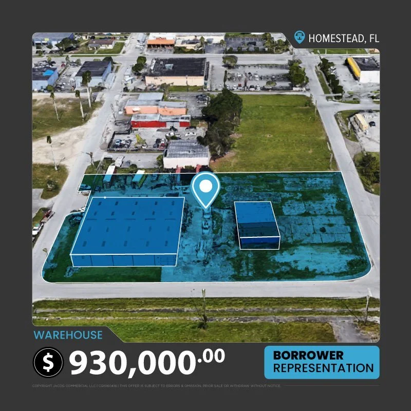 Aerial view of a warehouse property for sale in Homestead, FL, priced at $930,000. Exterior highlighted, borrower representation noted.