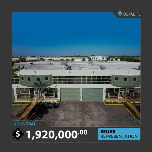 Industrial building for sale in Doral, FL, priced at $1,920,000, labeled 'Seller Representation'.