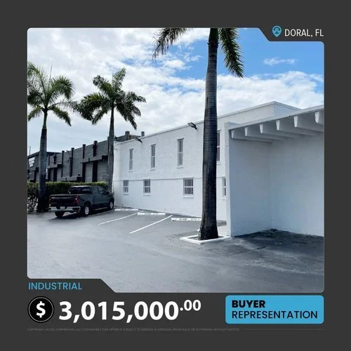 Industrial building in Doral, FL with palm trees, parking lot, and a vehicle; listed for $3,015,000 for buyer representation.