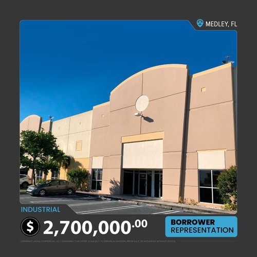 Commercial building in Medley, FL with a modern facade, displayed with a price of $2,700,000. Identified as industrial property and labeled under borrower representation.