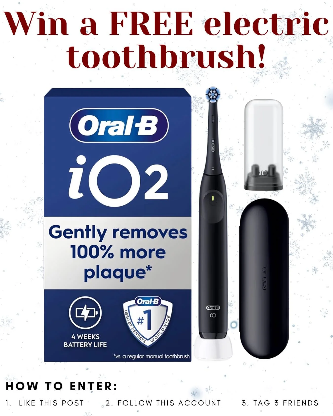 Win in a FREE electric toothbrush 🪥🎅🏽🦷

How to enter: 
1. Like this post ❤️
2. Tag 3 friends 👥
3. Follow our Instagram account 📲

We will be checking!

Winner announced 15th December 🎄

#dentist #dentalsmiles #dentalsmilesessex #dentalsmilesch