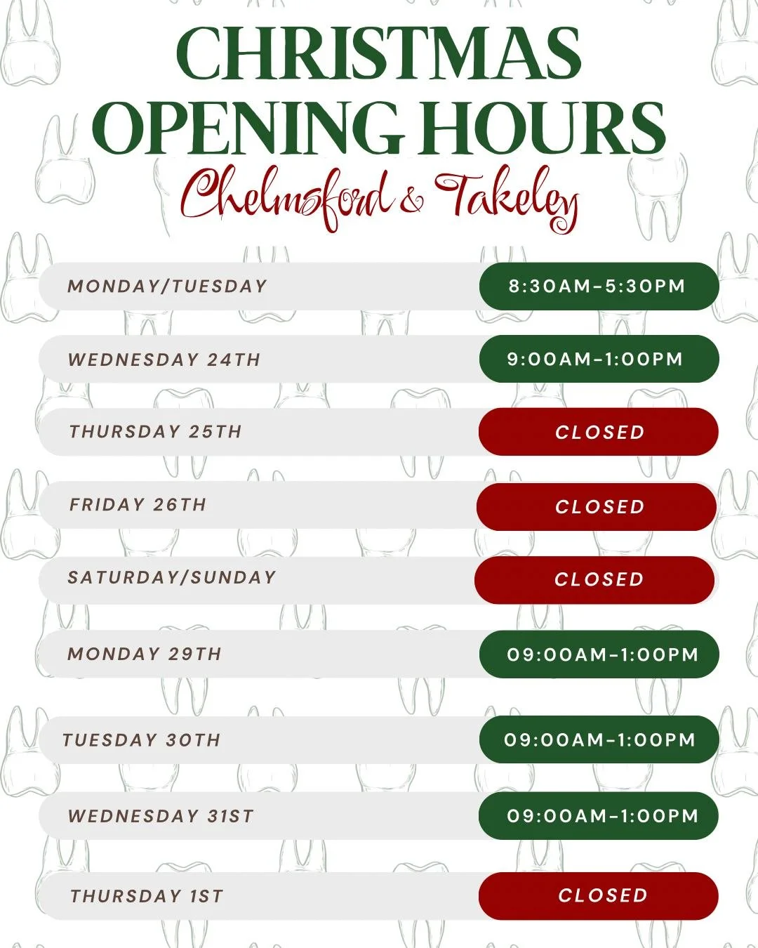 Festive Period Opening Hours 🎅🏼🎄

Here for your dental emergencies 🚨

#dentist #dentalsmiles #dentalsmilesessex #dentalsmileschelmsford #dentalsmilesessex #dentalsmilestakeley #essex #compositefillings #veneers #invisalign #invisaligndentist #str