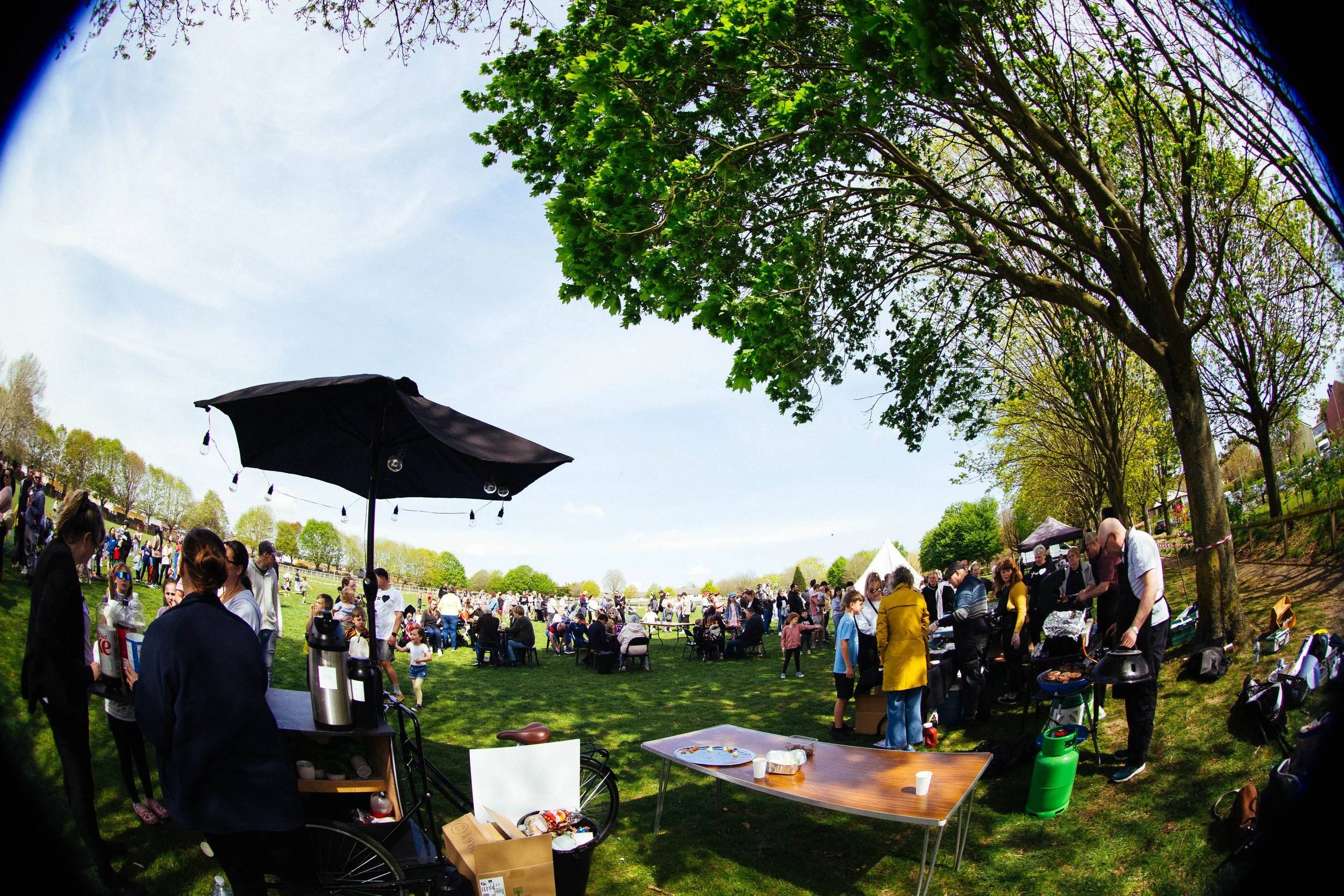 A lively outdoor gathering in a park with people socializing, sitting at tables, and cooking food on grills under a partly cloudy sky with green trees.