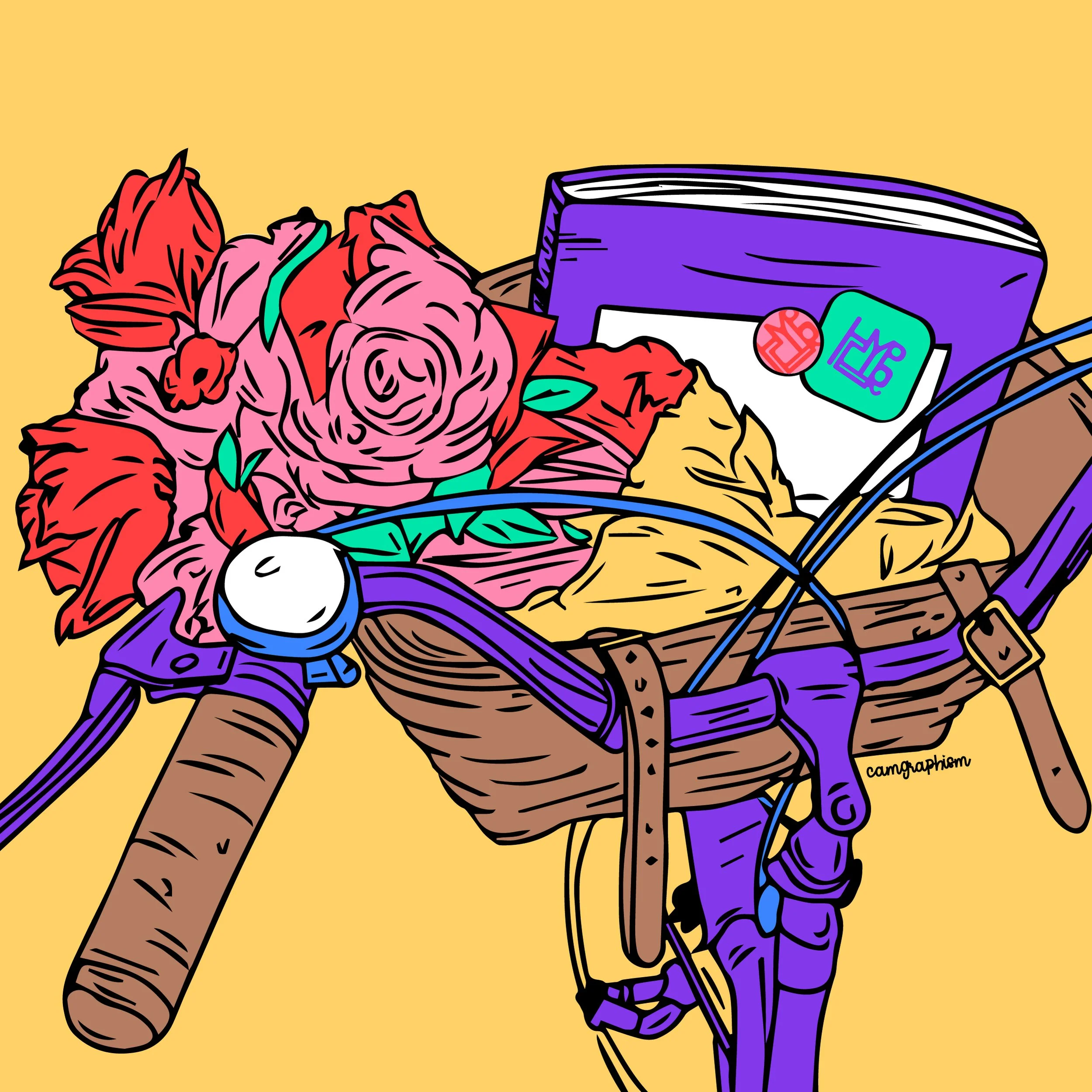 Un panier de vélo contenant un bouquet de roses roses, des livres, une montre et une boîte avec des codes QR, sur un fond jaune.