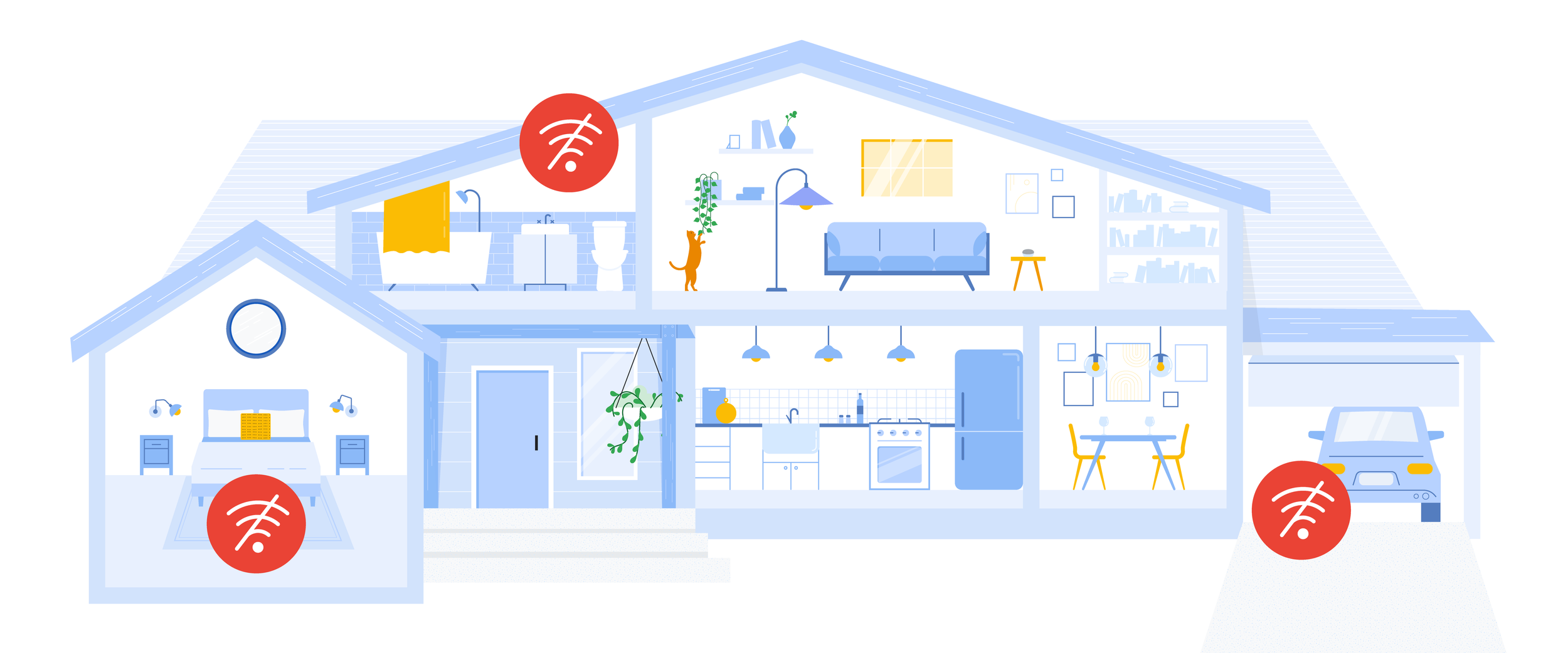 A hero illustration for a blog post about WiFi deadzones and how Google Nest can help