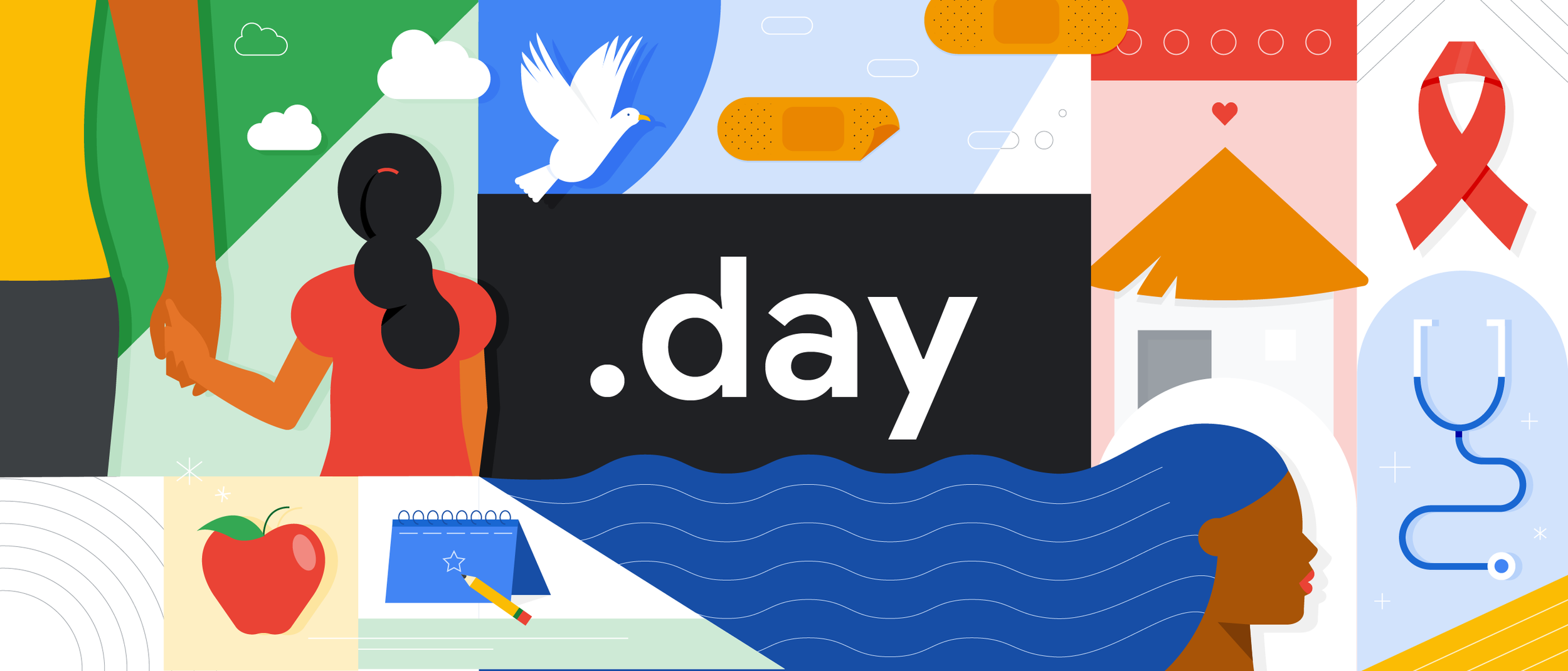 A hero illustration for a blog post about the .day domain and Google's partnership with the UN to help register sites dedicated to providing international aid