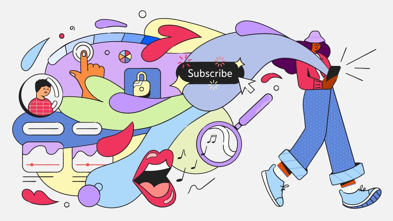 A hero illustration for a blog post about new features hitting the YouTube app