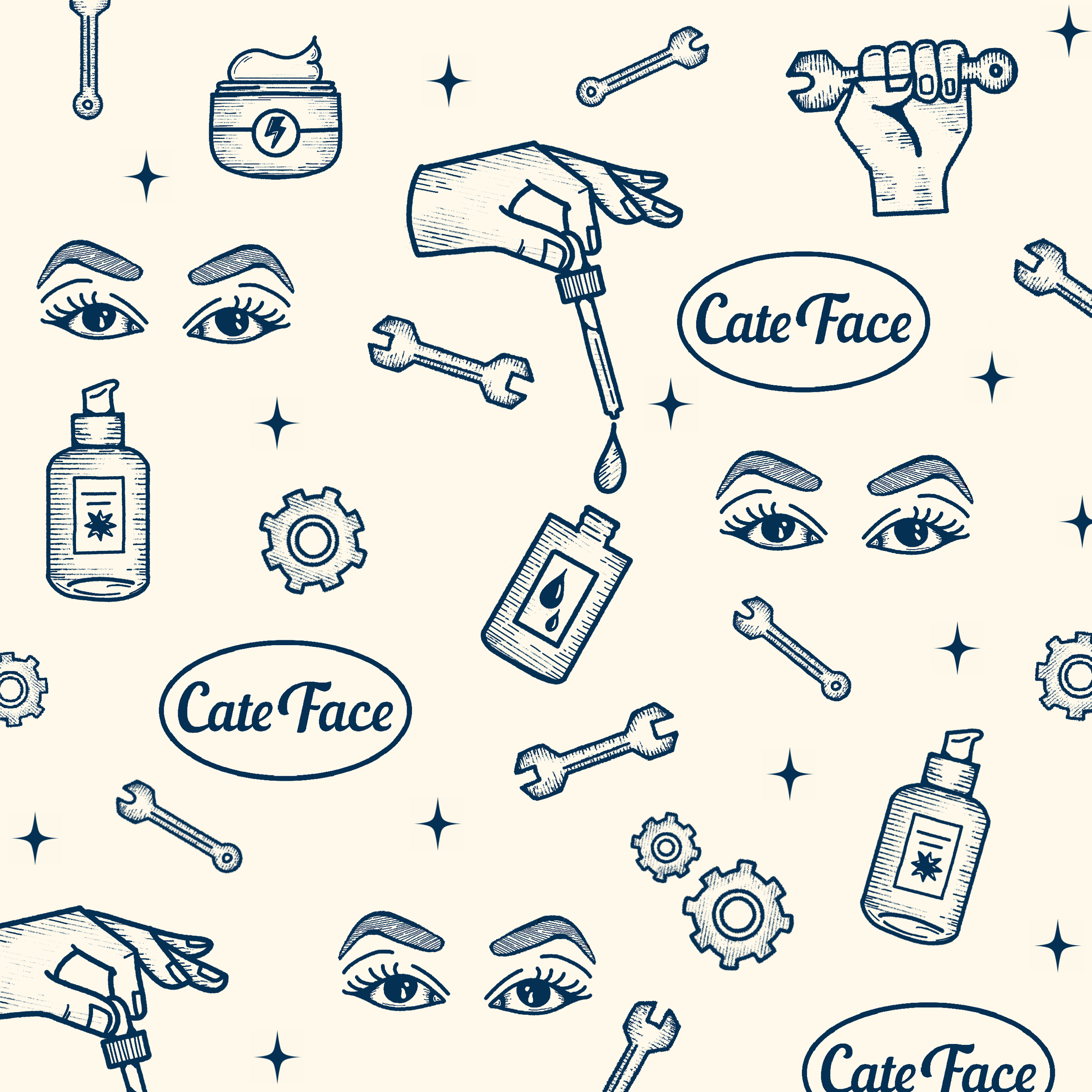 Illustrated pattern with mechanic hardware and skincare items