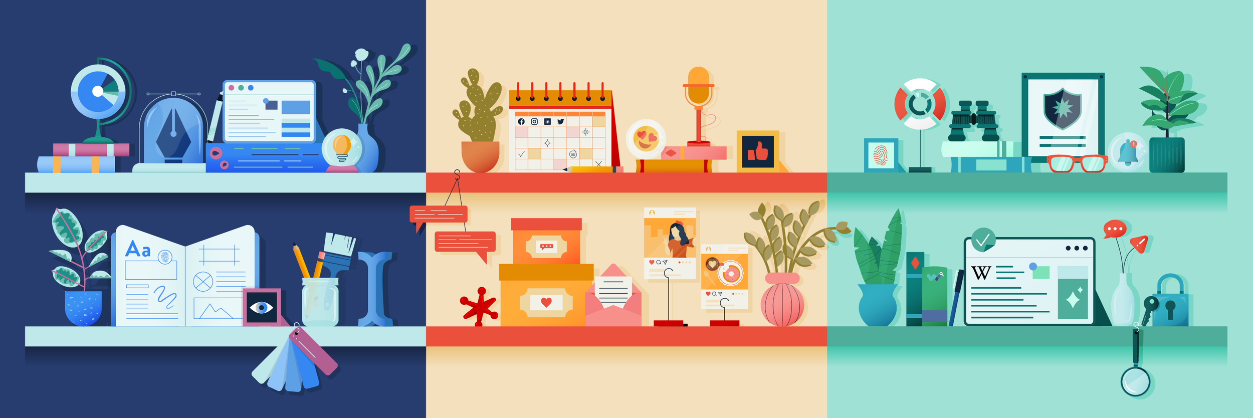 Shelves with items related to creative services