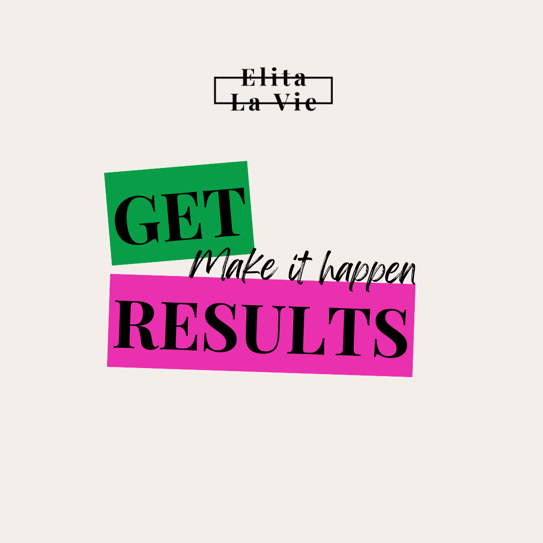 Promotional graphic with colorful text that says, 'Get Results, Make it happen,' by Elita La Vie.