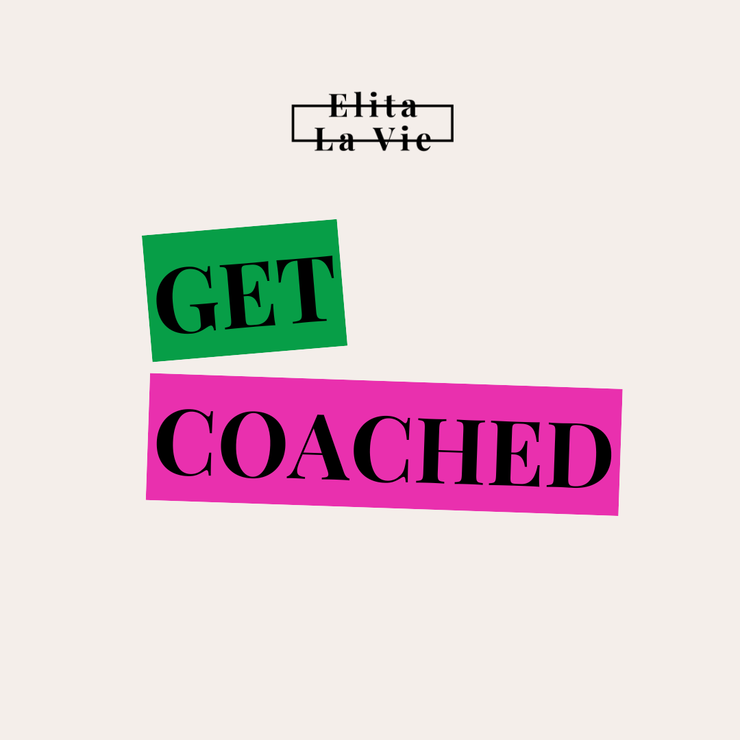 Text design with 'GET COACHED' in large, bold letters on colorful backgrounds and the name 'Elita La Vie' at the top.