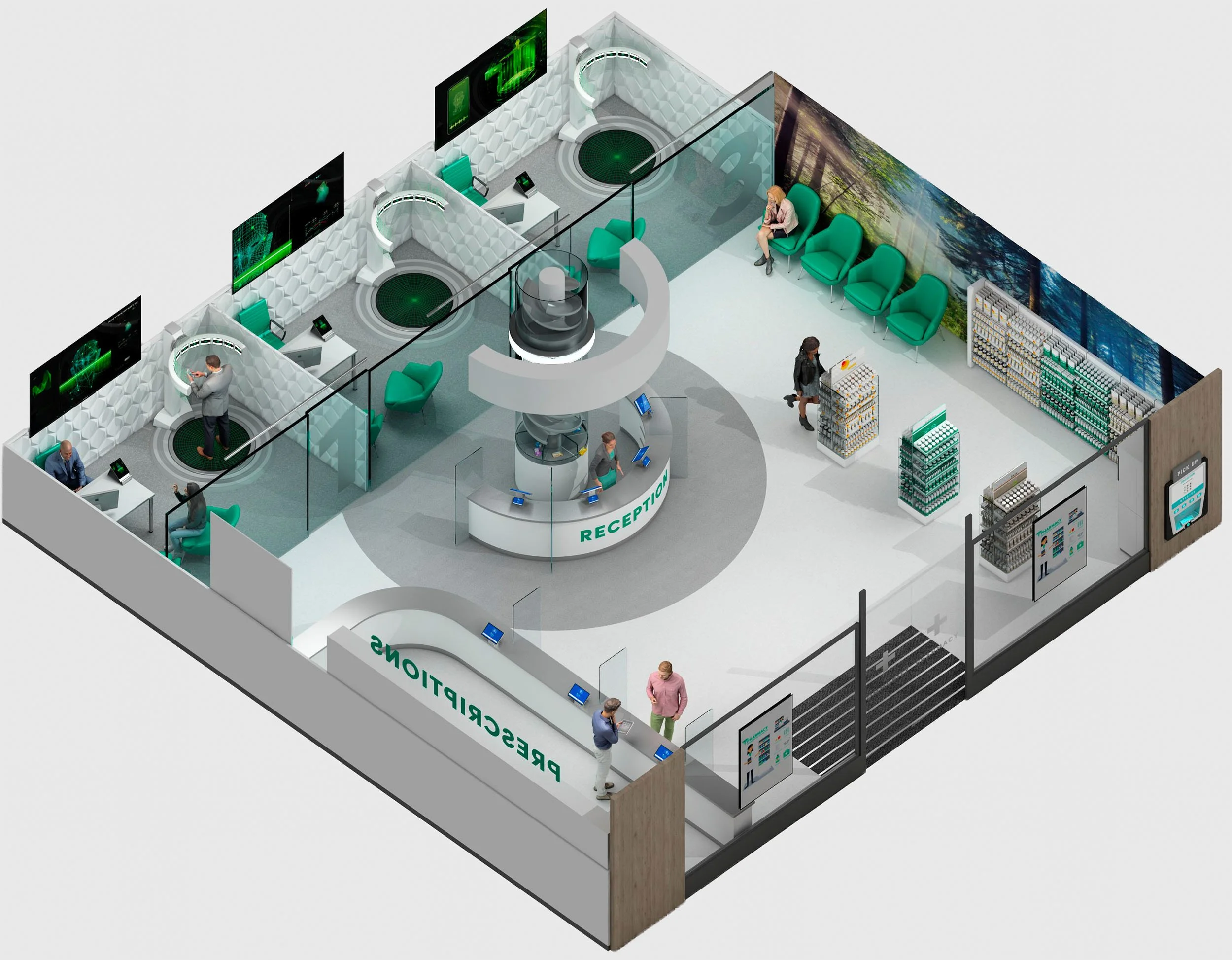 Next-Generation Pharmacy Design · Integrated Spatial Masterplan Highlighting Central Circular Reception & Private Pods.