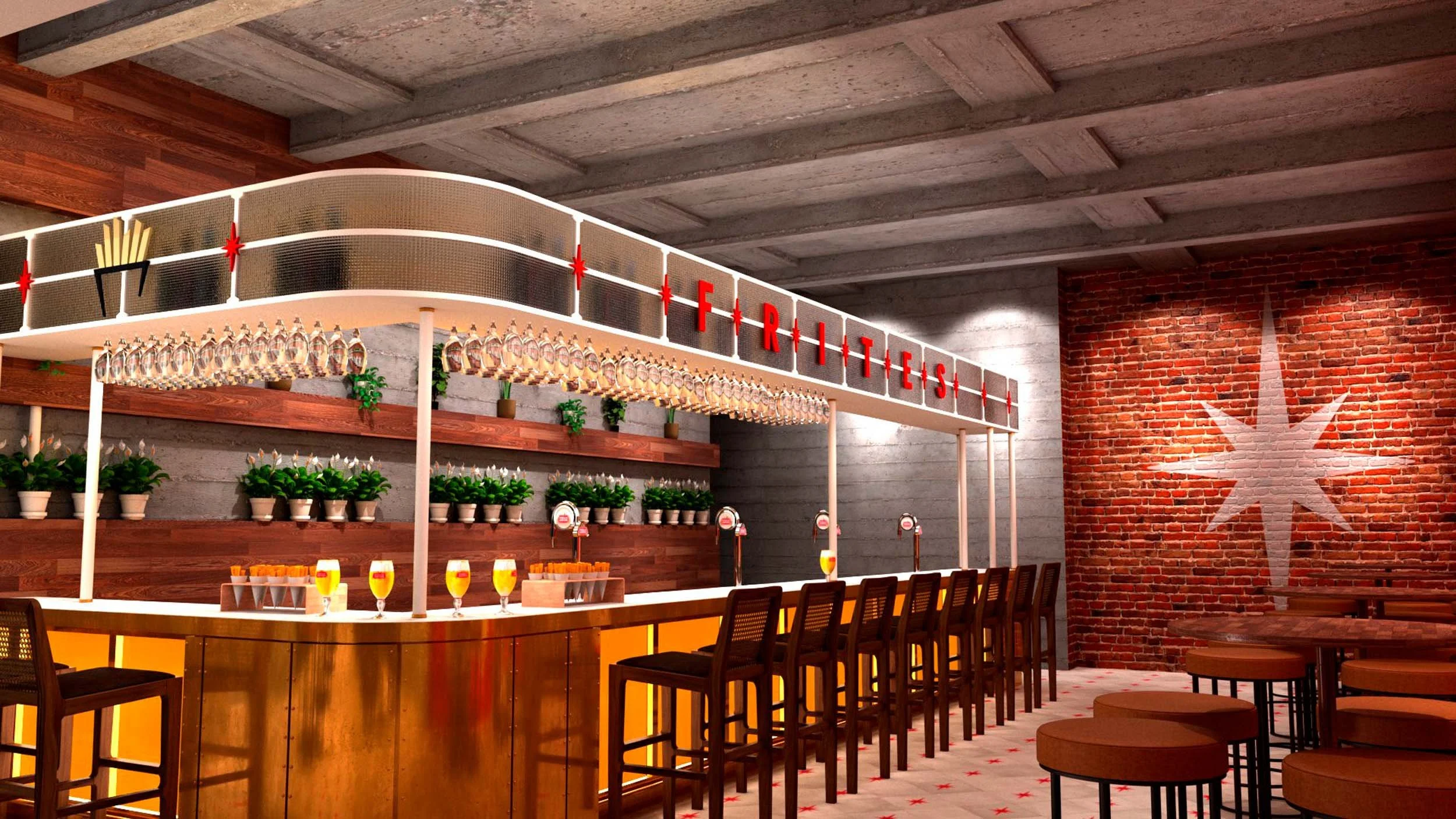 Bespoke Bar Detailing · Curved Brass Counter Joinery, Ribbed Glass Gantry & Exposed Brick Feature Wall.