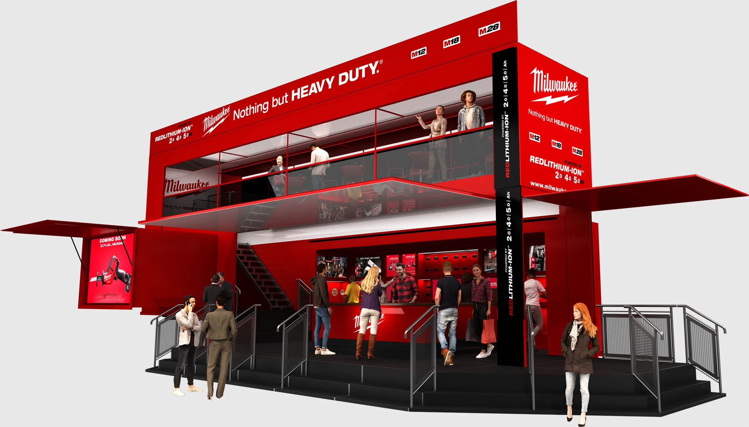 Milwaukee corporate event structure with double-decker hospitality terrace, product displays, and bold red branding.