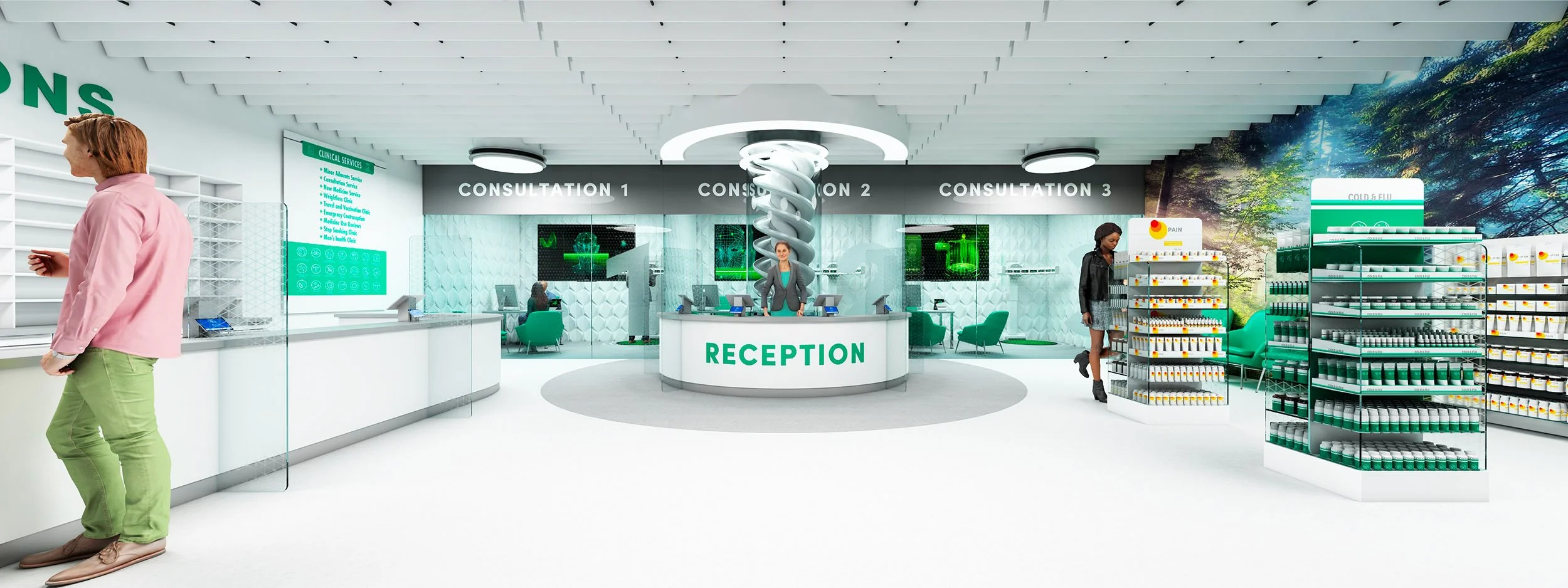 Next-Generation Pharmacy Design · Integrated Spatial Masterplan Highlighting Central Circular Reception & Private Pods.