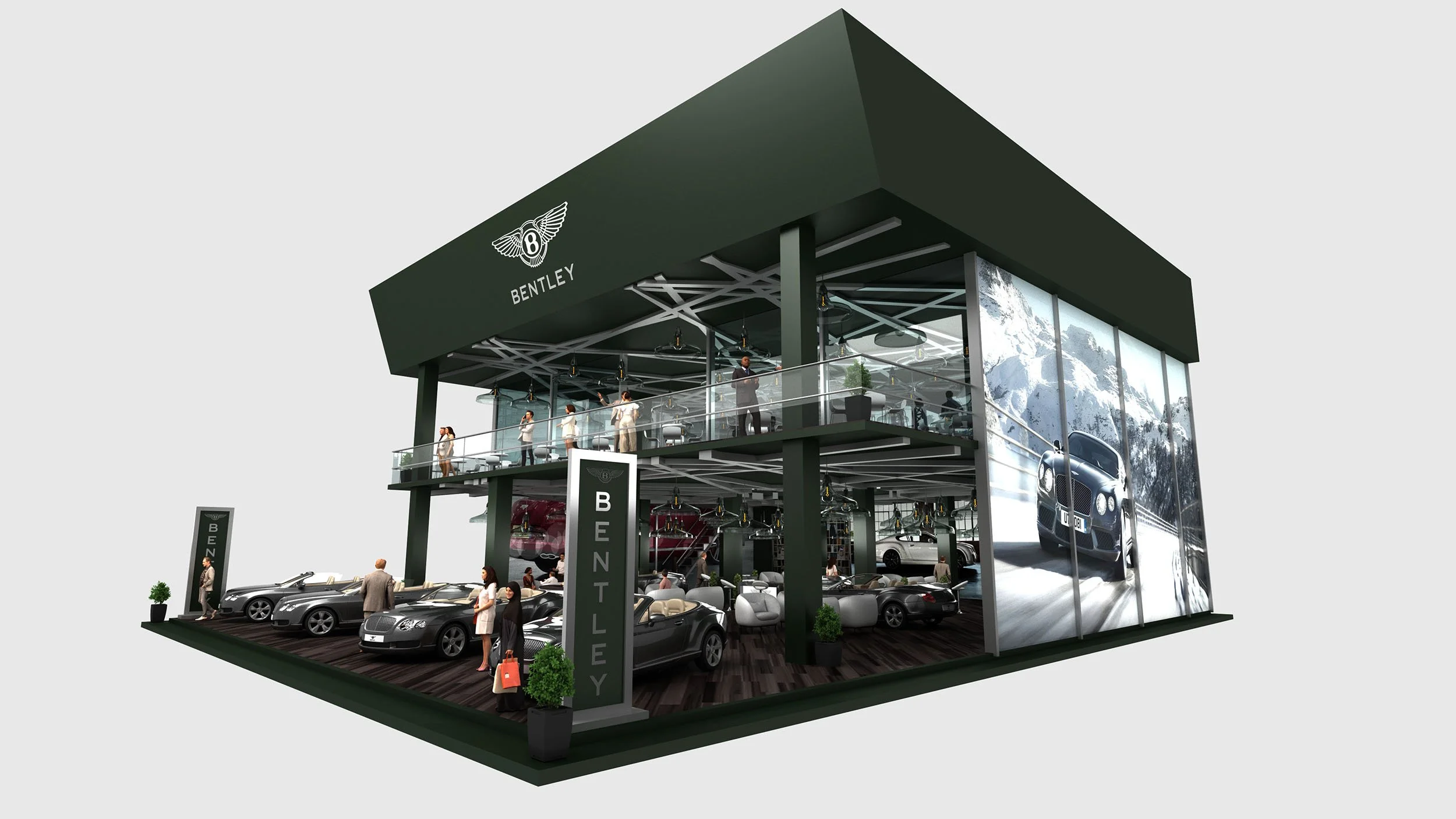 Two-Tier VIP Brand Pavilion · Architectural Glazing, Cantilevered Terrace & Premium Hospitality Staging.