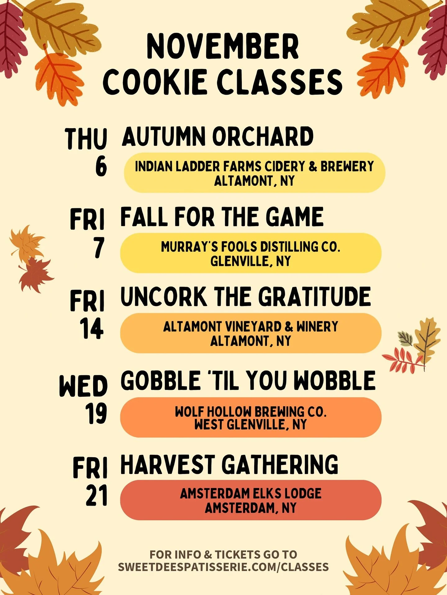 🍁 NOVEMBER COOKIE CLASSES 🦃
Check out our upcoming workshops happening this November! So excited to return to some favorite venues and to partner with two new ones for the very first time. Spots are filling up fast (some classes are almost sold ou