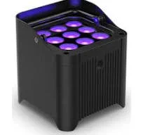 A black portable speaker with purple lights on the speaker grills.