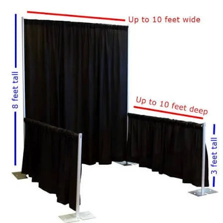 Black stage backdrop curtains with blue, red, and black measuring lines indicating height and width of up to 10 feet, 8 feet tall, and 3 feet deep.