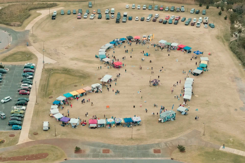 The Holiday Market ring, busy with shoppers, from above
