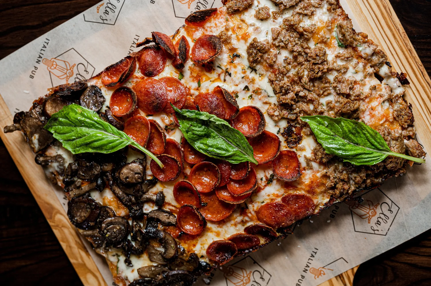 Ella’s Farmhouse pizza with a variety of toppings