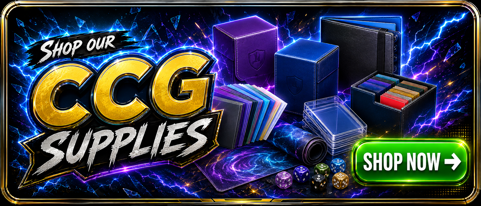 Shop CCG supplies, including card sleeves, deck boxes, binders, playmats, dice, and card storage