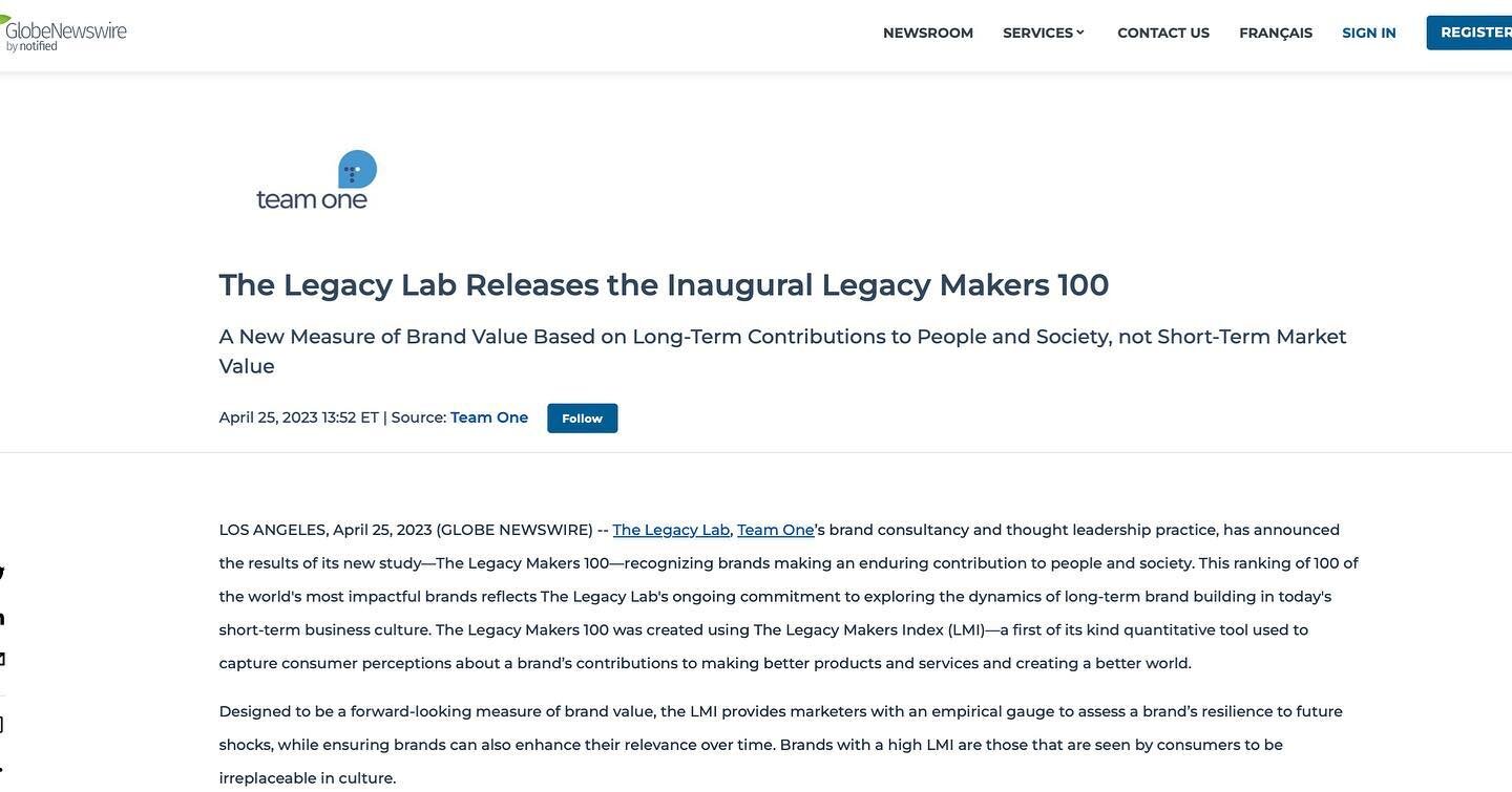 The word is out. The Legacy Makers 100 consumer ranking is here, recognizing brands making a long-term impact. Over a decade in the making, the ranking comes from The Legacy Maker Index (LMI), a new quantitative measure of brand value: not based on s