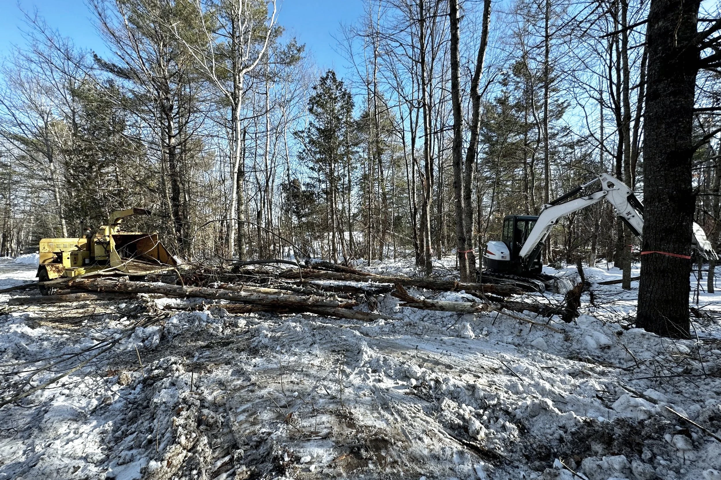 A snowy forest scene with trees and fallen branches, machinery used for clearing or cutting trees, including a yellow wood chipper and a small white excavator.