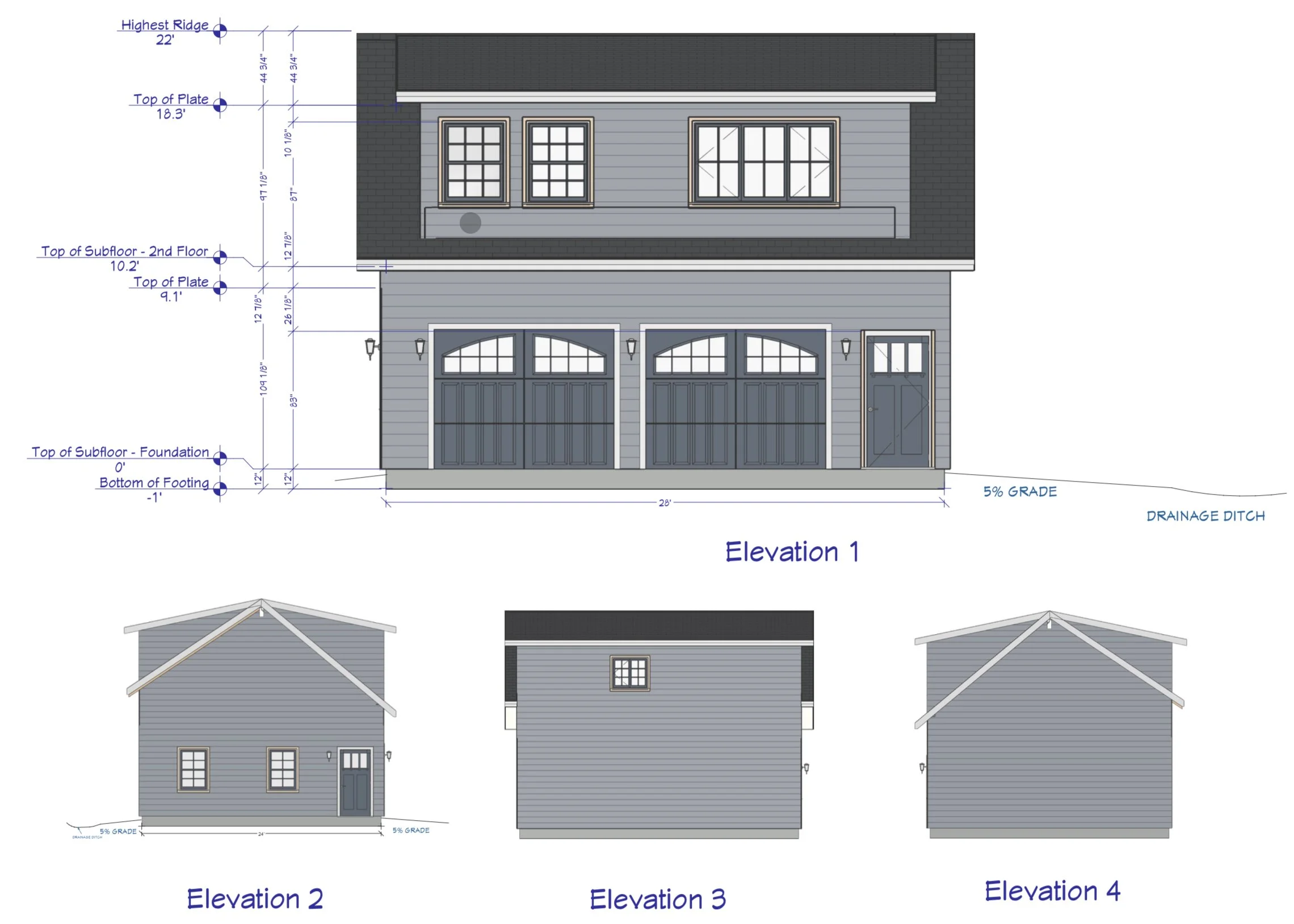 Blueprint of a two-story house showing front, side, and rear elevations with measurements and construction details.