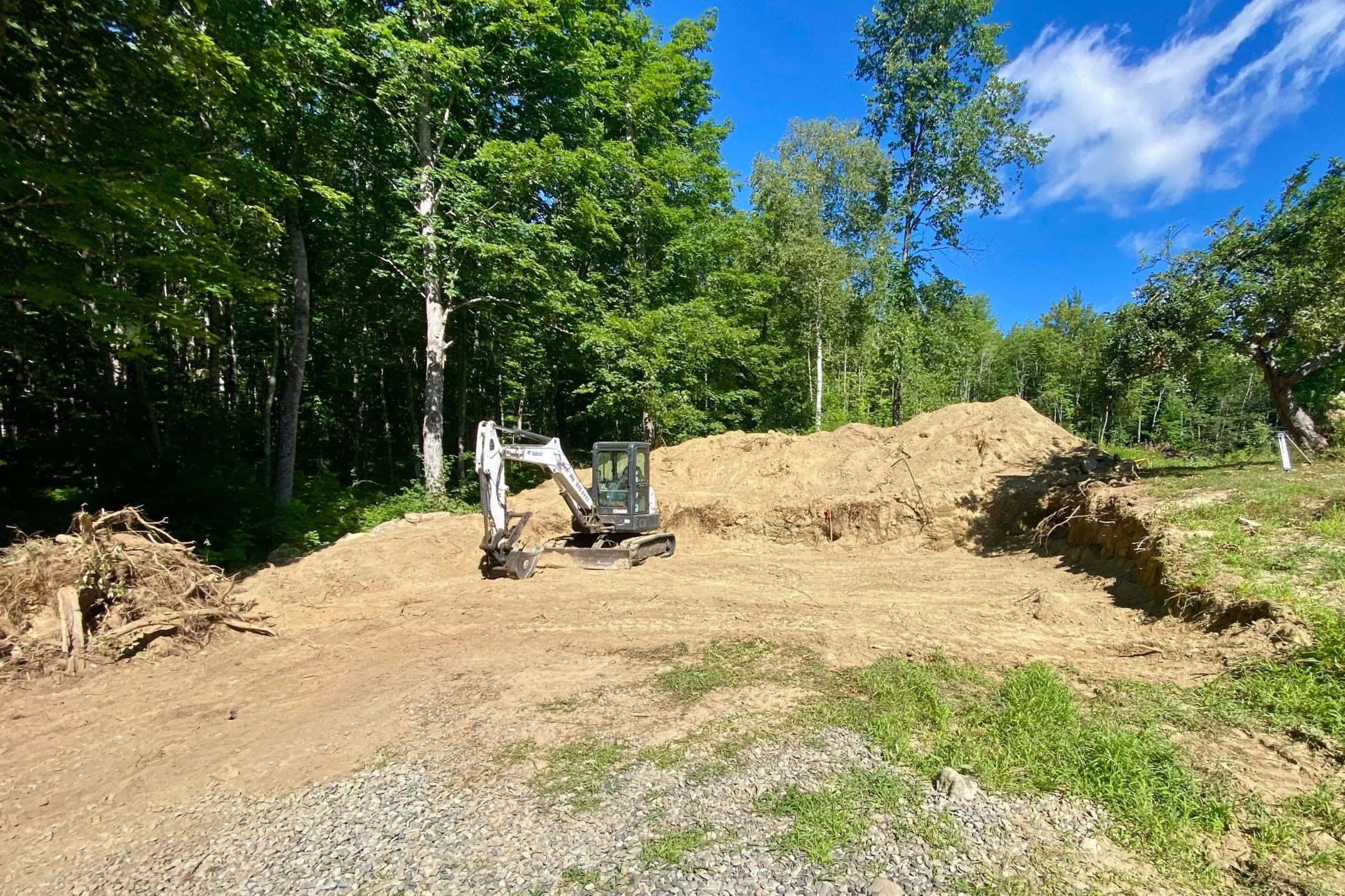 A small excavator on cleared dirt ground surrounded by trees and a bright blue sky.