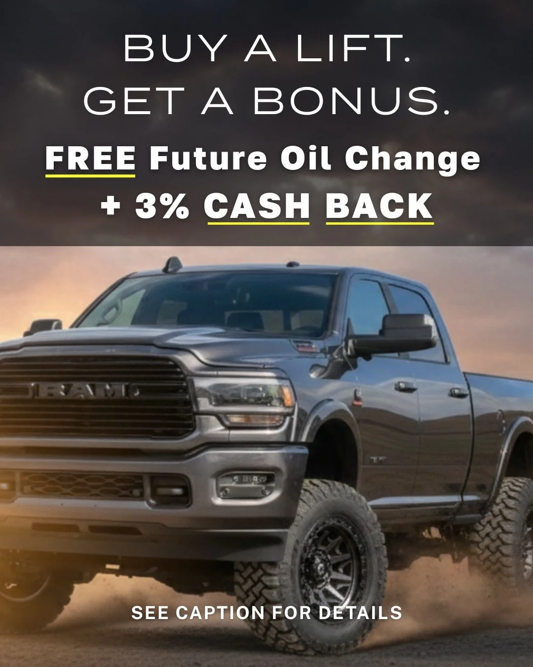 Buy A Lift. Get A Bonus. 🔥 During March and April, purchase a lift kit and enroll in Moody&rsquo;s Rewards to receive a FREE FUTURE OIL CHANGE credit.

Plus, earn 3% CASH BACK in Moody&rsquo;s Money to use anytime.

FREE OIL CHANGE +
$1,000 &rarr; $