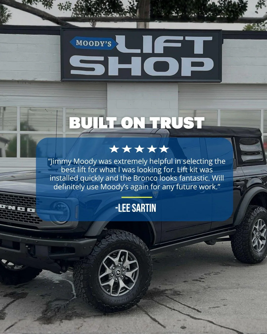 Lifts at Moody's are built on trust. If you&rsquo;re thinking about it but aren&rsquo;t sure what setup is right, our team will help you find the best fit. 

Pro tip: Install your lift this month and get a FREE Future Oil Change plus 3% Cash Back. 💰
