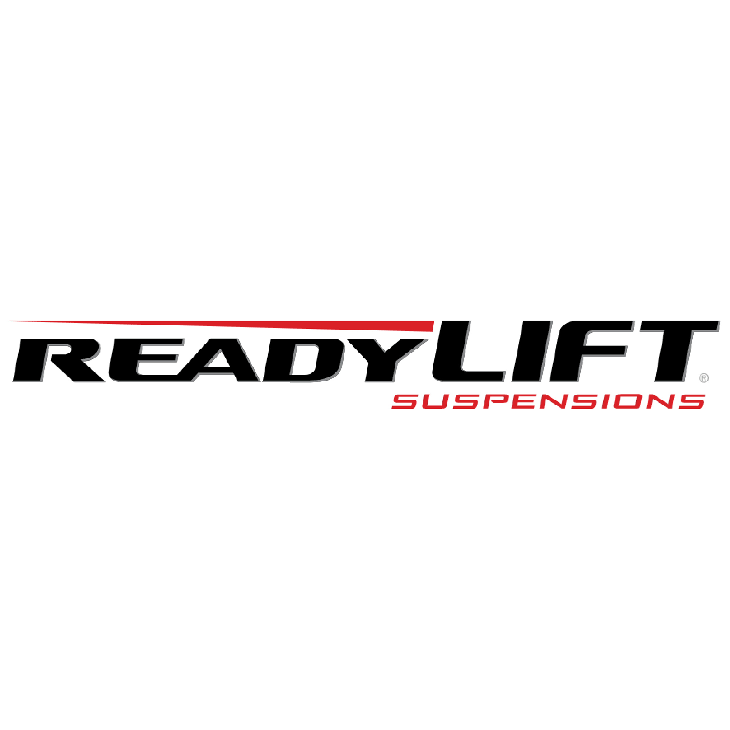 Logo for ReadyLift Suspensions with black, white, and red colors.